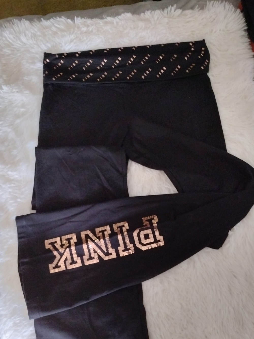 PINK Victoria's Secret Woman's Black Fold-Over Waist Leggings with Sequin Logo